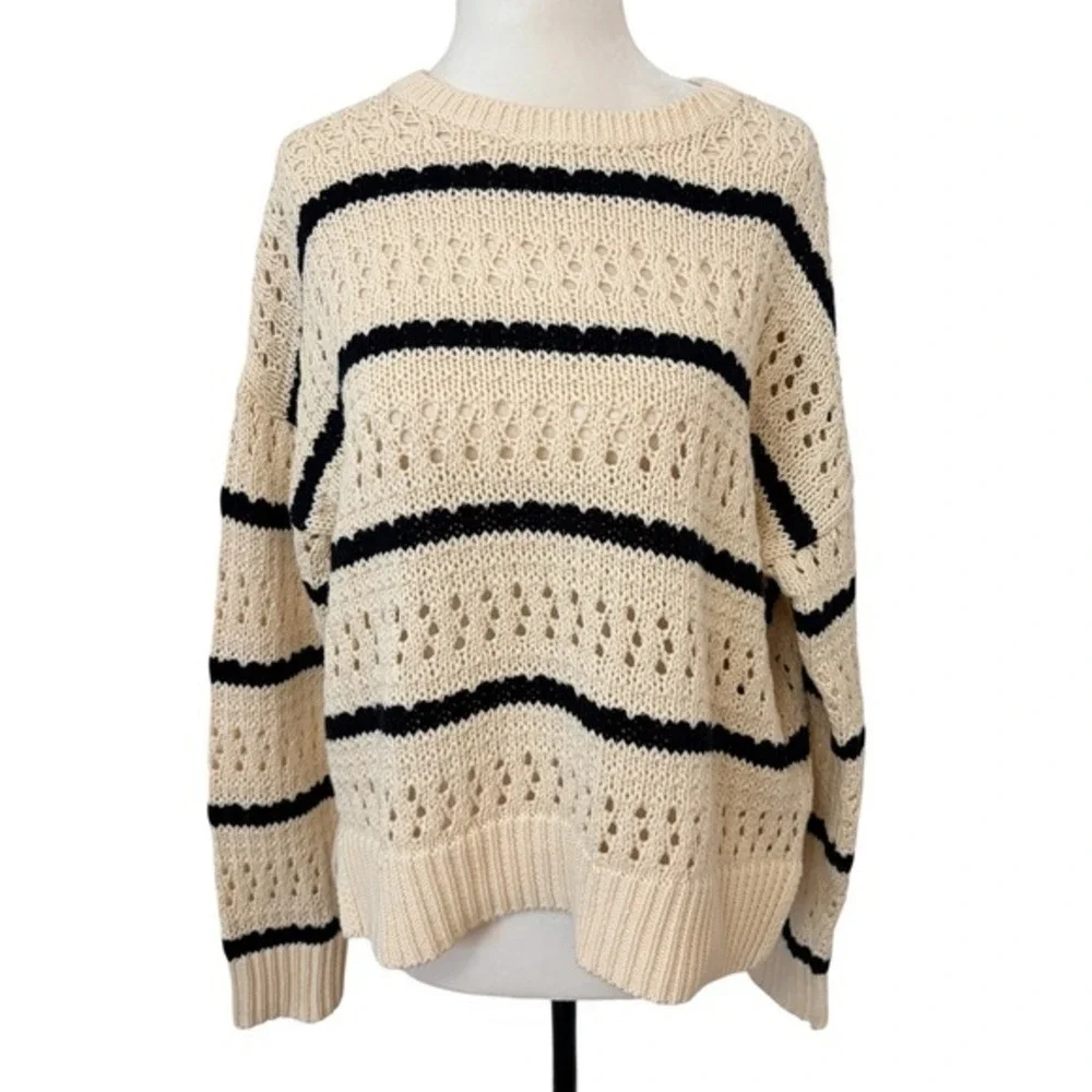 Reitmans Cream Navy Blue Medium Striped Pointelle Knit Cotton Sweater - Picture 2 of 8
